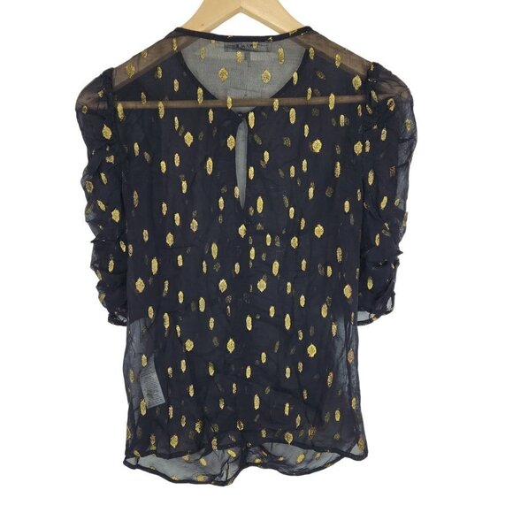 FRAME NWT Shirred Keyhole Top Womens XS in Noir Metallic Gold Sheer Lightweight - Picture 4 of 11